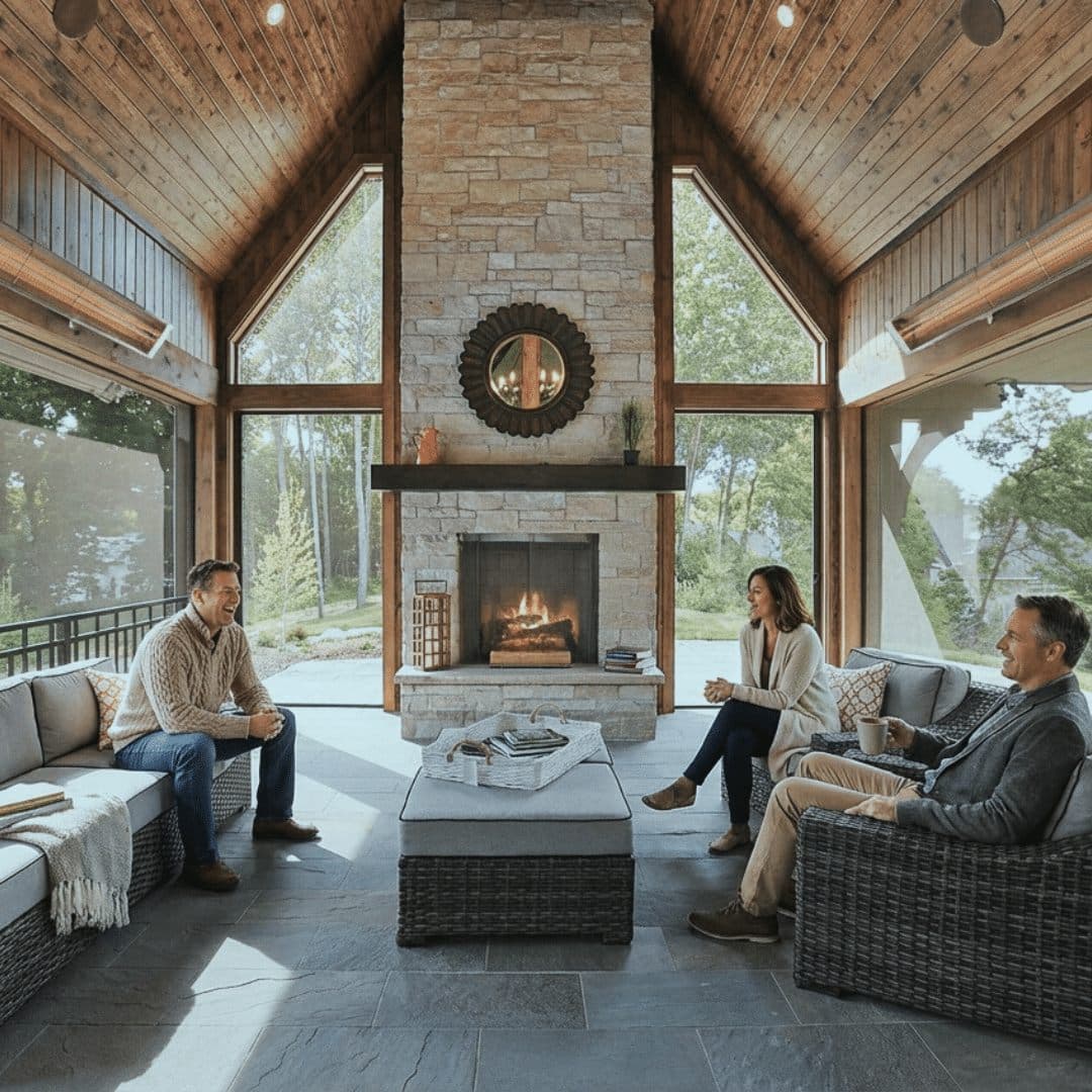 Bromic Cobalt heaters warming a covered porch lounge