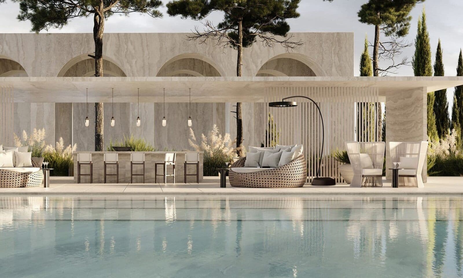 Bromic Eclipse pedestal heater beside a pool in the evening