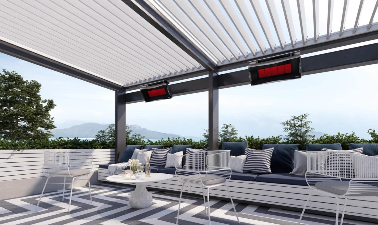 Bromic Platinum Gas heater warming an open outdoor lounge
