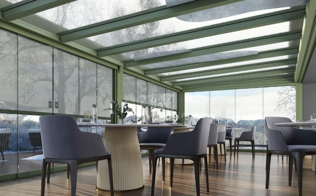 Covered restaurant terrace with a glazed roof