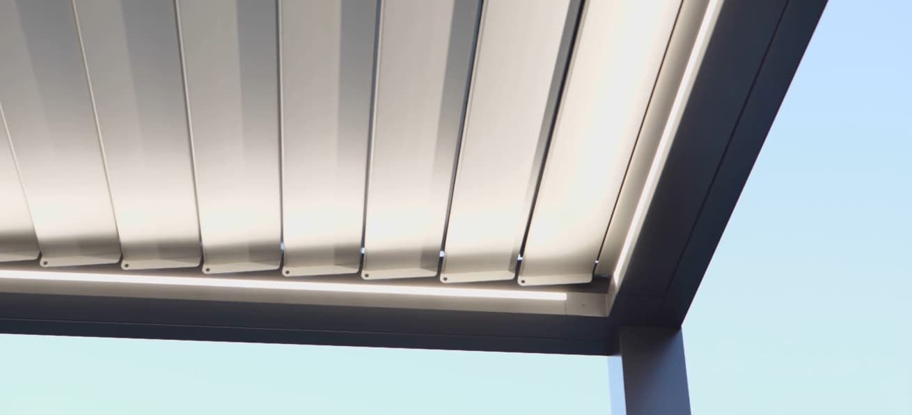 Underside view of an adjustable aluminum louvre roof
