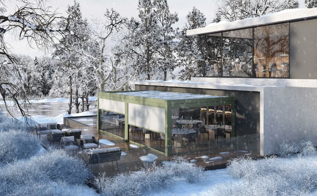 Louvered roof structure with glass side walls on a terrace