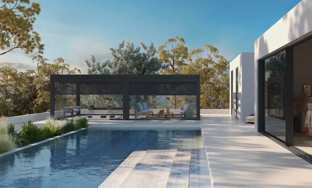 Pergola with integrated drop down shade screens